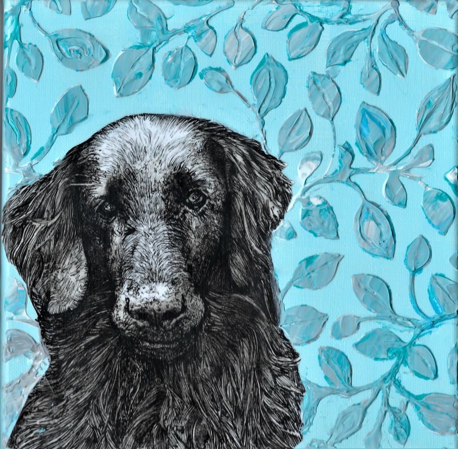 Flatcoated Retriever Textured Canvas - Altered Art - Original Drawing