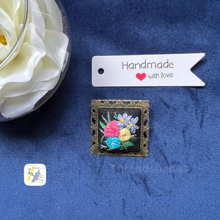 Hand Embroidered Brooch, Vintage, antique bronze floral design, gift for her, ha