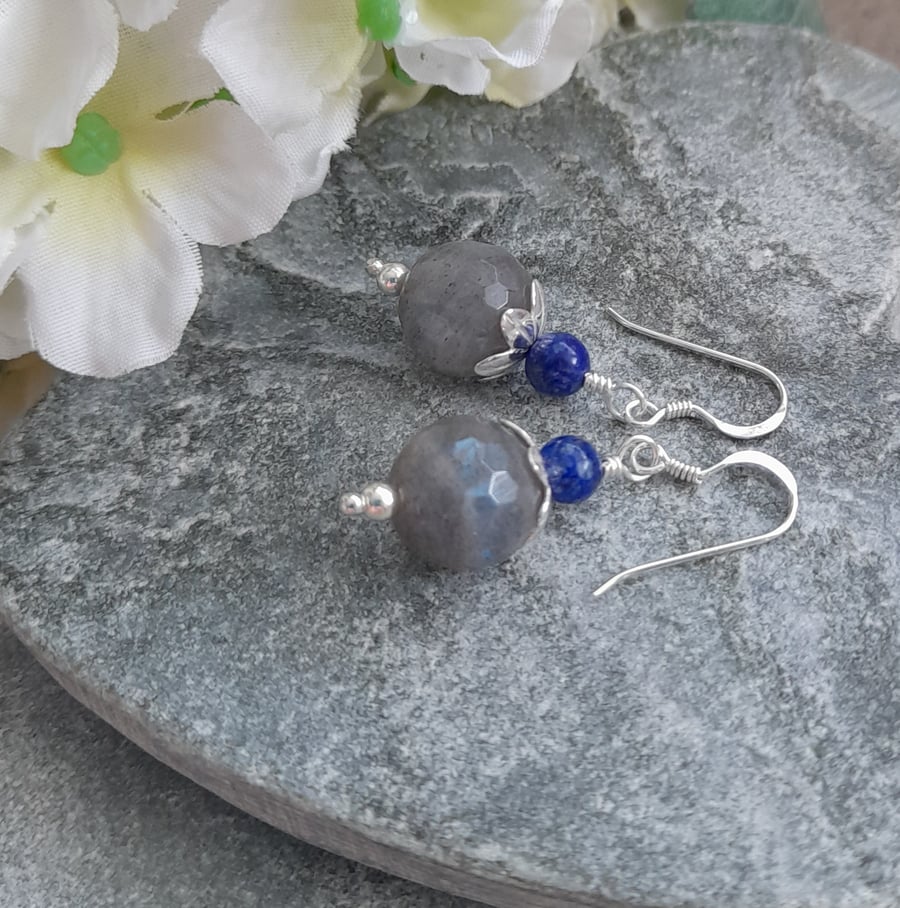 Labradorite Lapis Lazuli Gemstone Sterling Silver Earrings