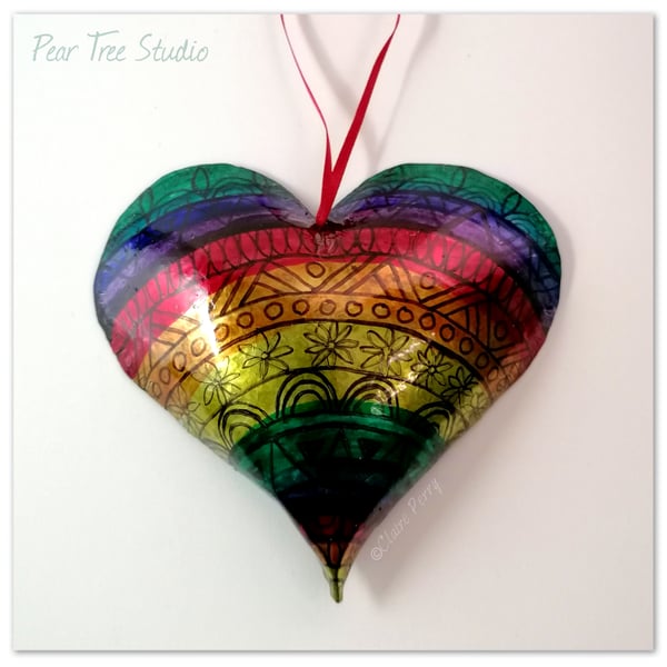  Rainbow tin heart embossed decoration. Handmade. 