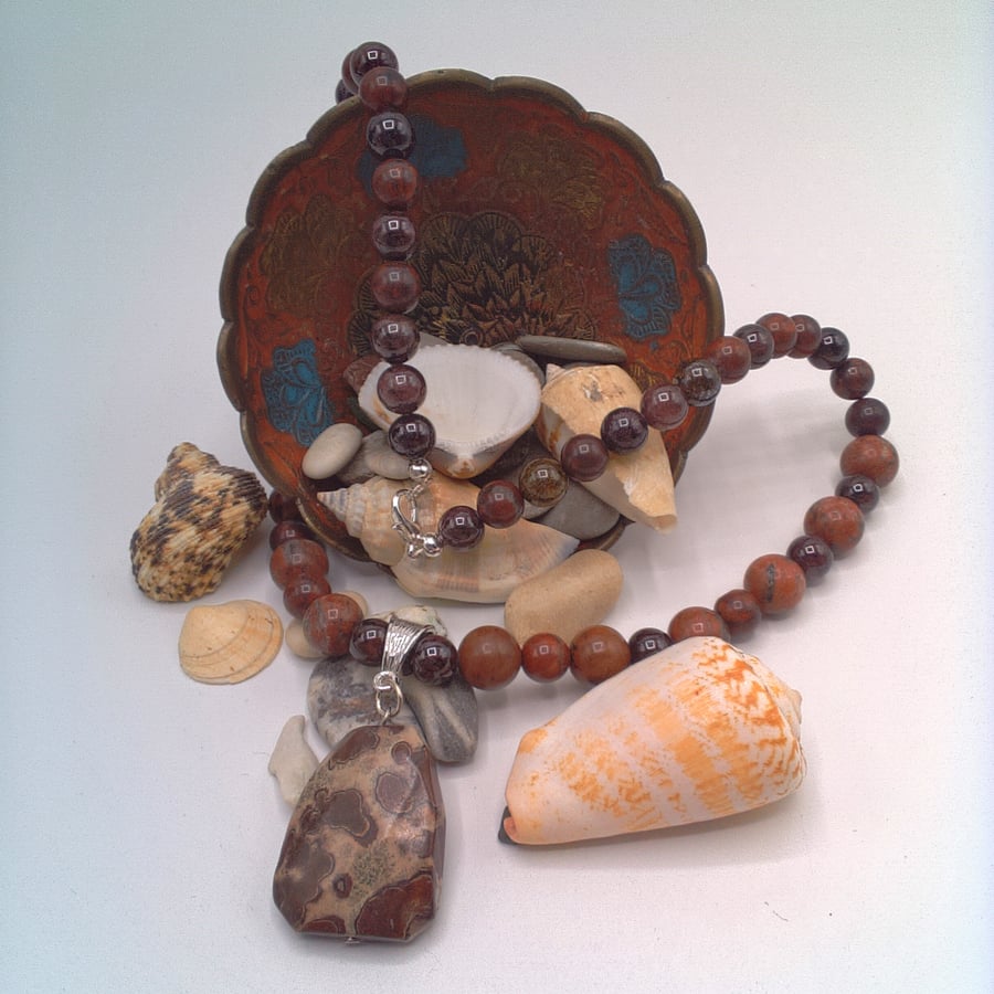Brown and Beige Leopard Jasper Pendant on a Jasper and Obsidian Necklace