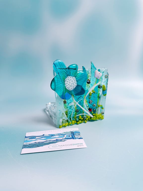 Fused Glass Floral Textured Tea Light-Trinket Dish-Blues