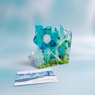Fused Glass Floral Textured Tea Light-Trinket Dish-Blues
