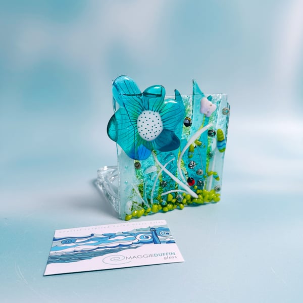 Fused Glass Floral Textured Tea Light-Trinket Dish-Blues