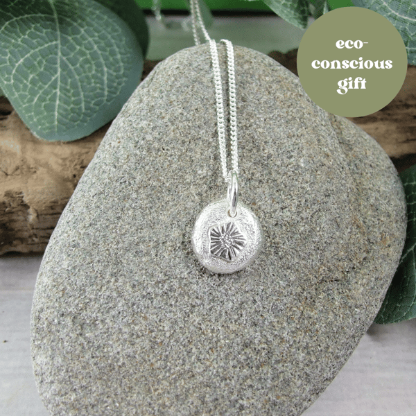 Silver Pebble Pendant with Hellebore, Recycled Silver Necklace