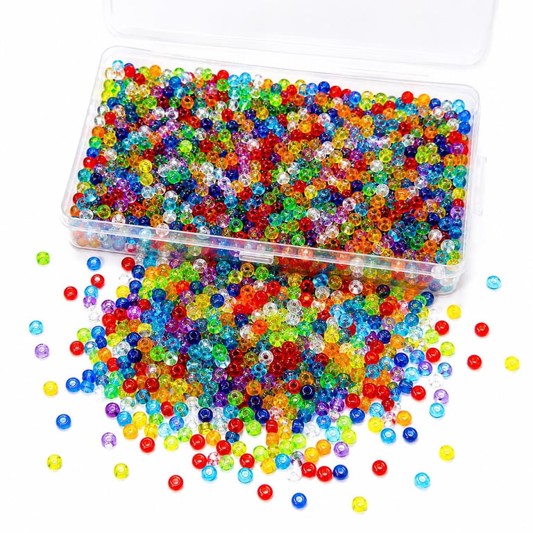 A box of 100g Multicoloured Transparent Glass Seed Beads, 3mm 4mm spacer beads