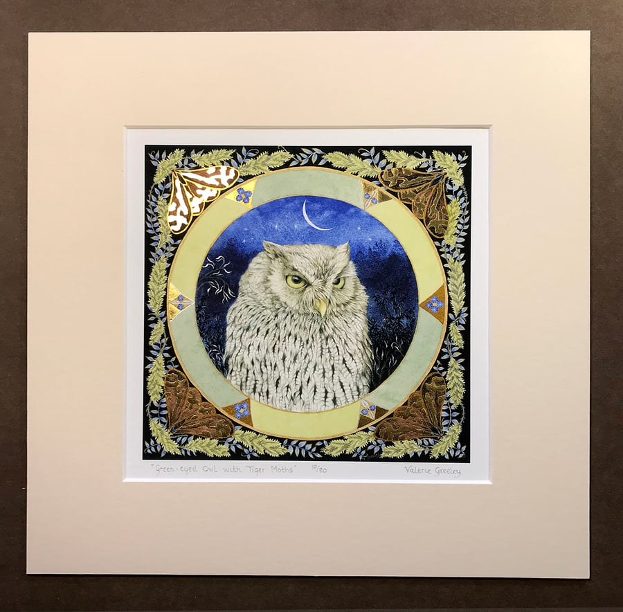 Green-eyed owl with tiger moths by Valerie Greeley