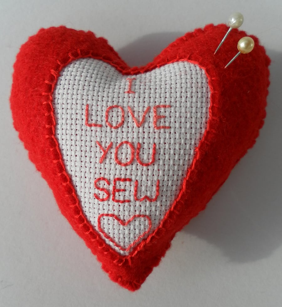  Red Felt Heart Pin Cushion, hand embroidered on Aida panel, Valentine's Day