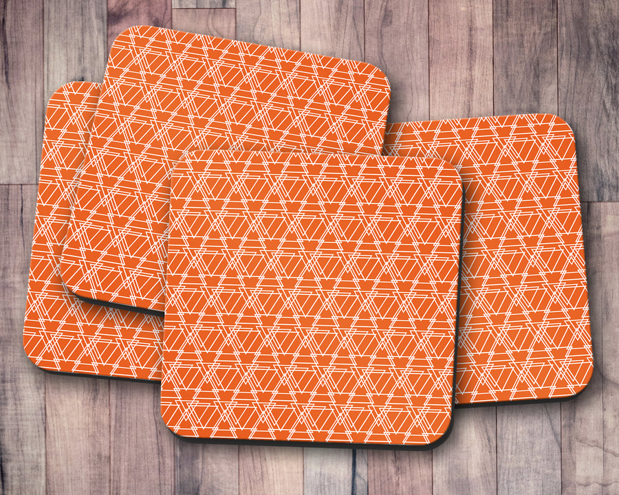 Set of 4 Orange and White Triangle Geometric Design Coasters