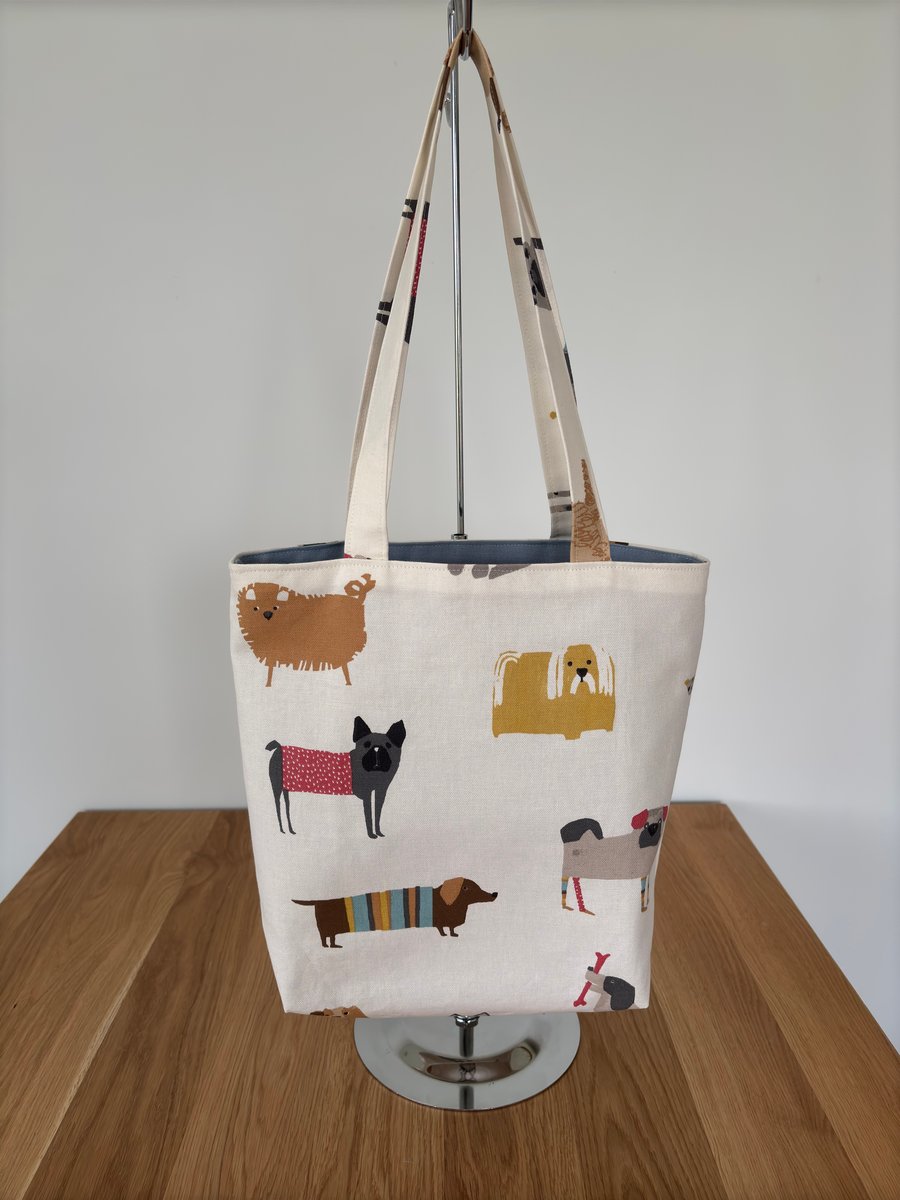 Small Tote Bag, shopping bag, shoulder bag in fun dog print fabric
