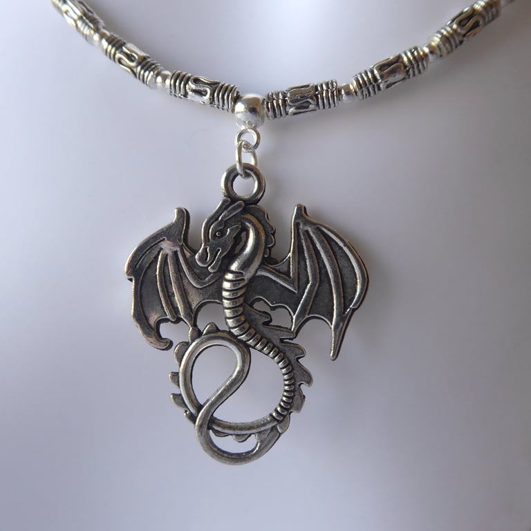 Tibetan Silver Fancy Tube Bead Necklace with Dragon Pendant
