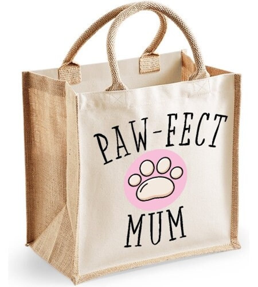 Paw-fect Mum Midi Jute Shopper Lunch Bag Mothers Day Birthday Christmas