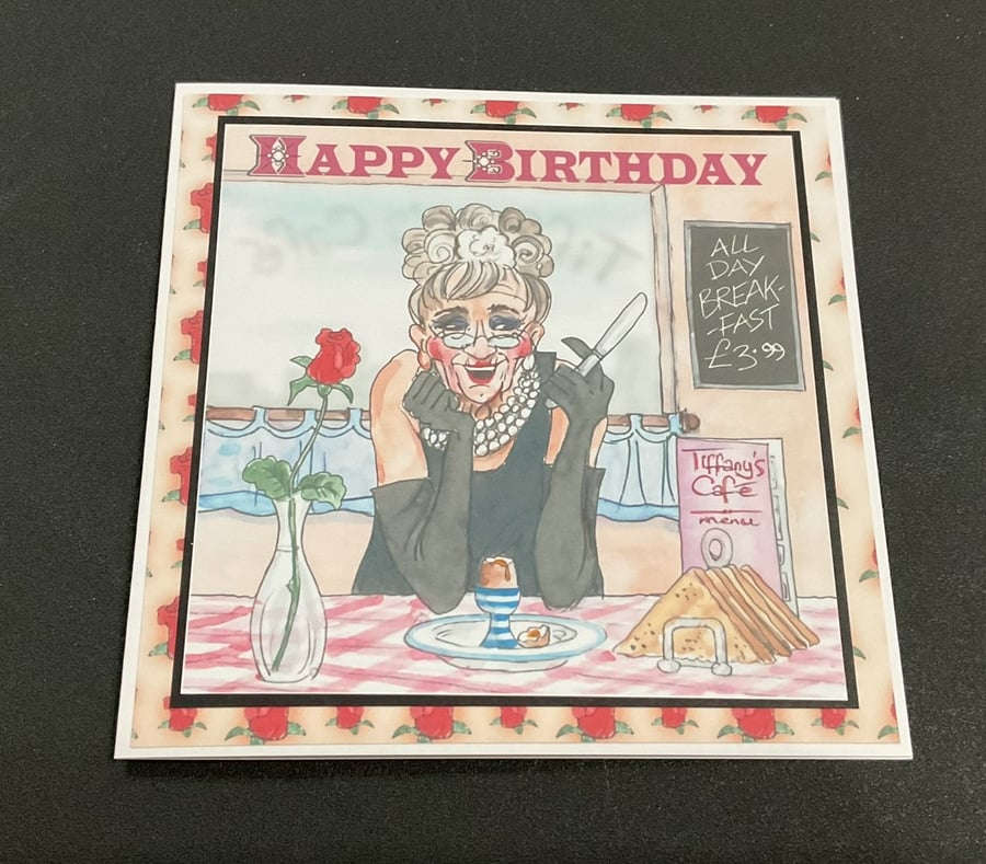 Funny Wrinklies at the Movies 6 x6 inch Birthday card -  Breakfast At Tiffany's