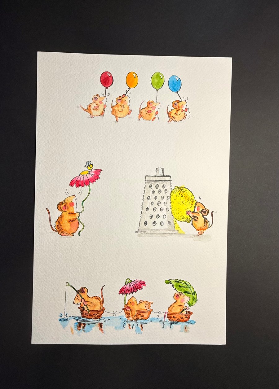 A4 card topper page using Penny Black stamps - Four mouse illustrations