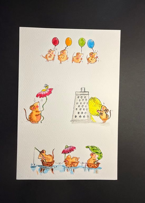 A4 card topper page using Penny Black stamps - Four mouse illustrations