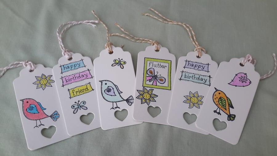 6 x Gift Tags, Birthday, Friend, General, Luggage Tags, Hand printed & Coloured 