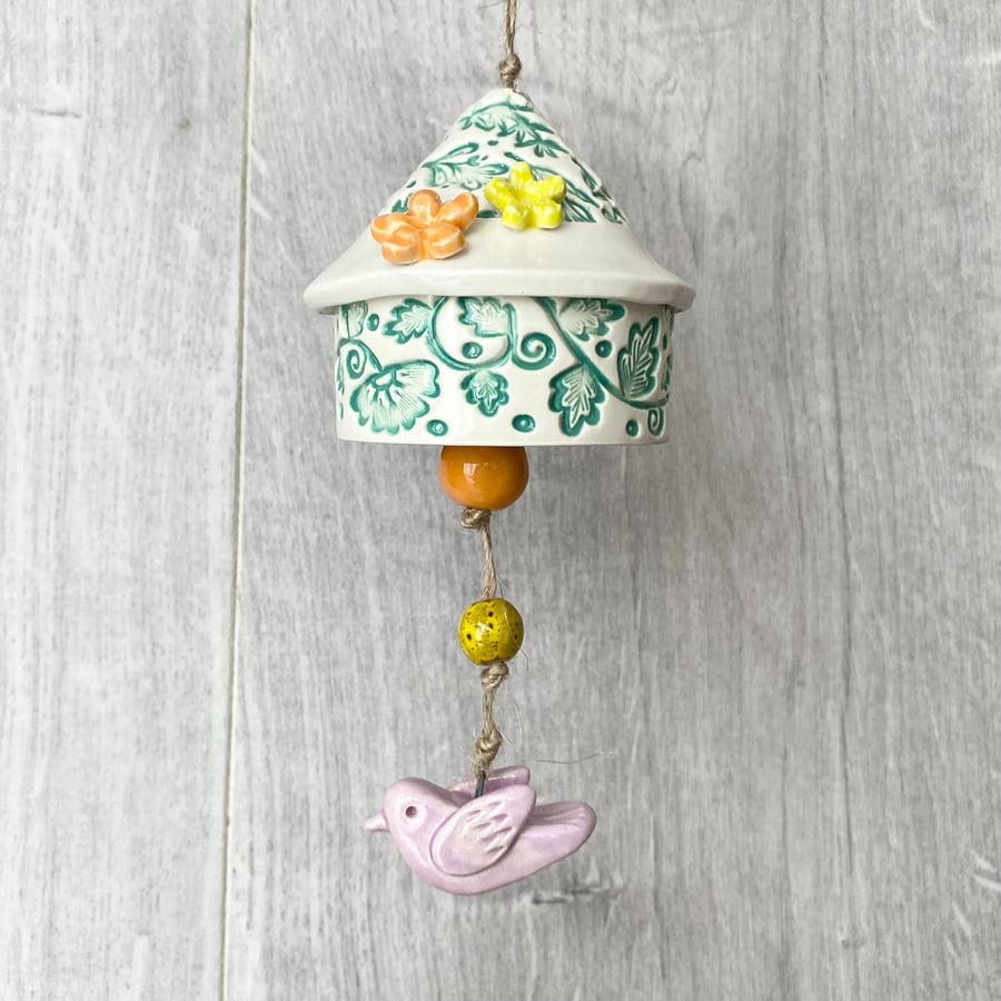 Pottery Bell birdhouse decoration pink bird