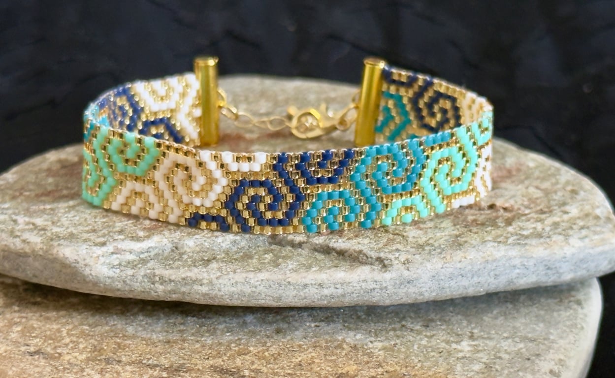 Handwoven Beadwork Swirl Pattern Bracelet in Turquoise, Navy, White & Gold