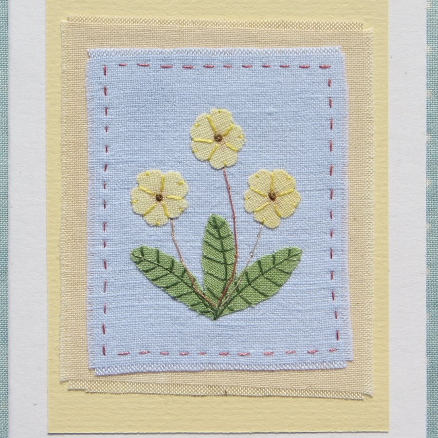 Little Primroses hand-stitched card hand-dyed fabrics delicate and very pretty