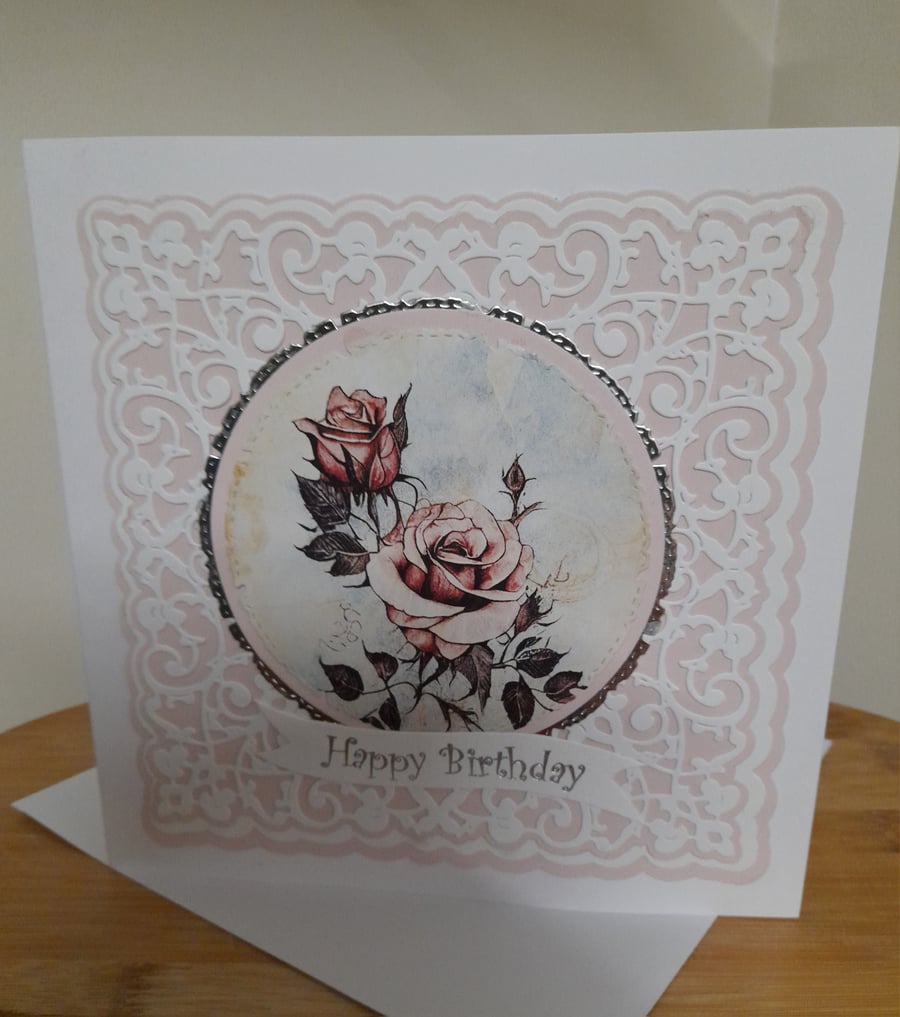 PINK ROSES HANDMADE BIRTHDAY CARD.