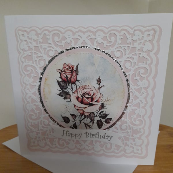 PINK ROSES HANDMADE BIRTHDAY CARD.