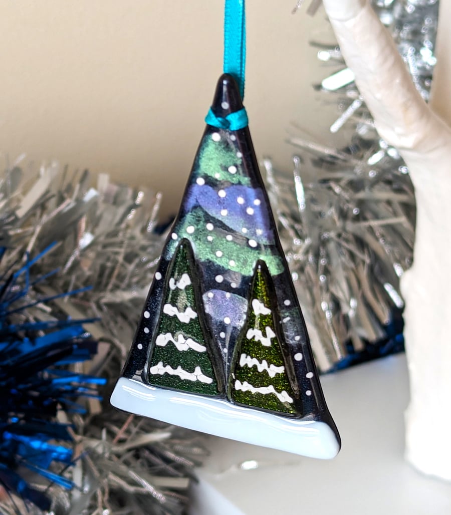 Fused Glass Christmas Tree Northern Lights Triangle Hanger Decoration