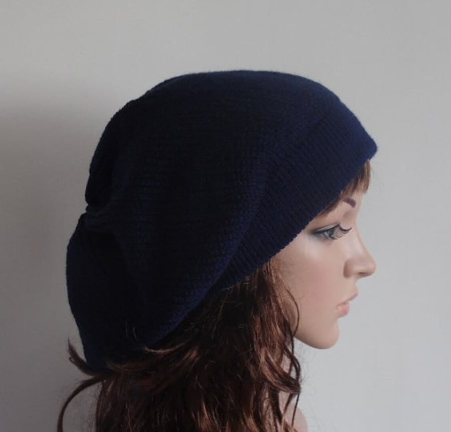 Handmade knitted navy blue beret, fall tam, slouchy beanie hat for women