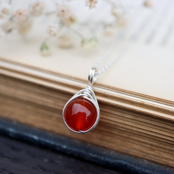 Carnelian Necklace Wire Wrapped in Sterling Silver
