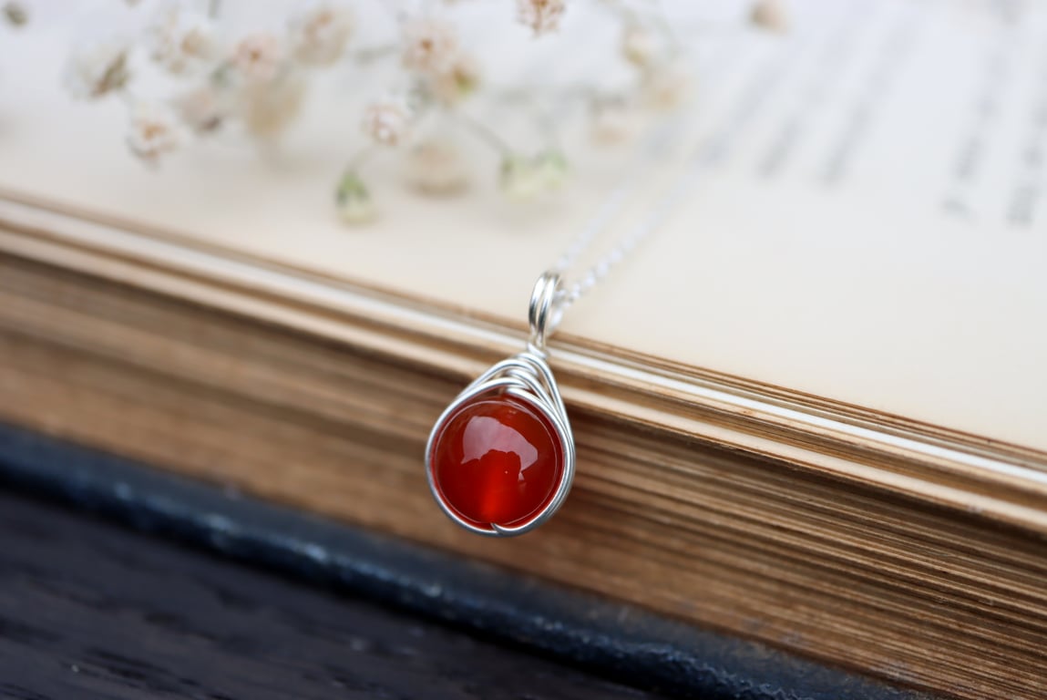 Carnelian Necklace Wire Wrapped in Sterling Silver