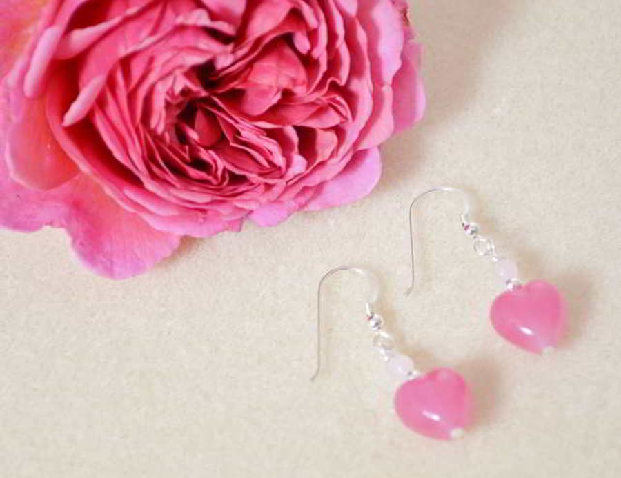 Rose Quartz and Murano Glass Heart Earrings