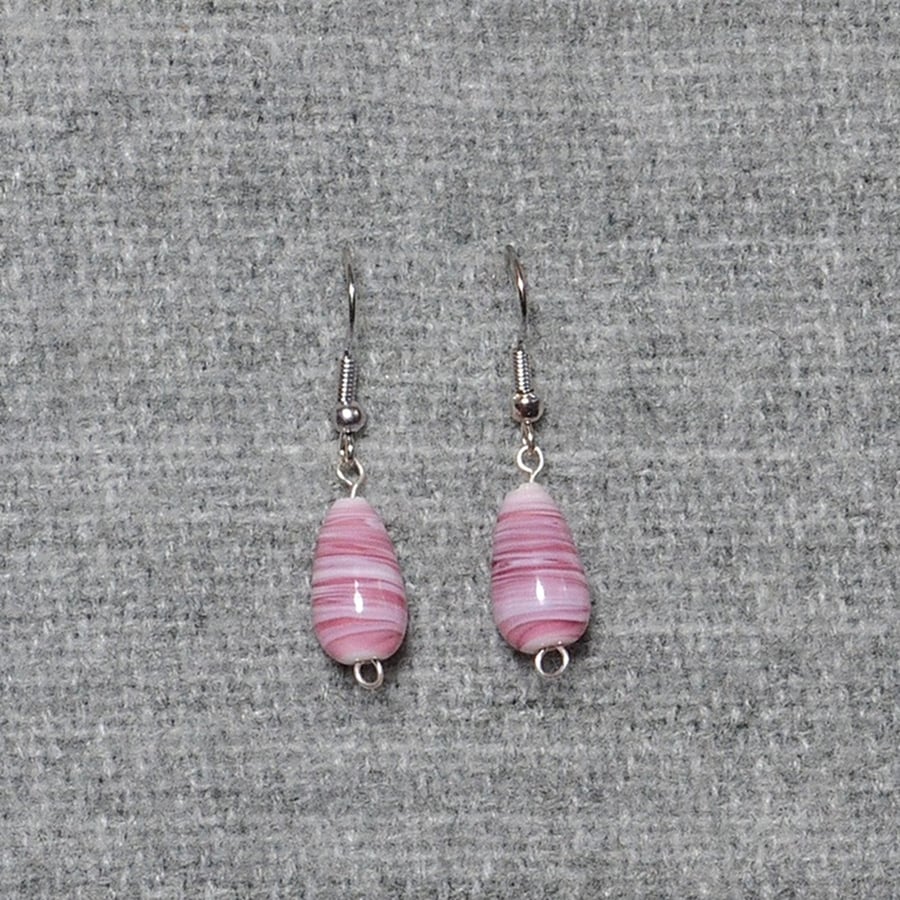 Pink and White Swirled Glass Drop Earrings
