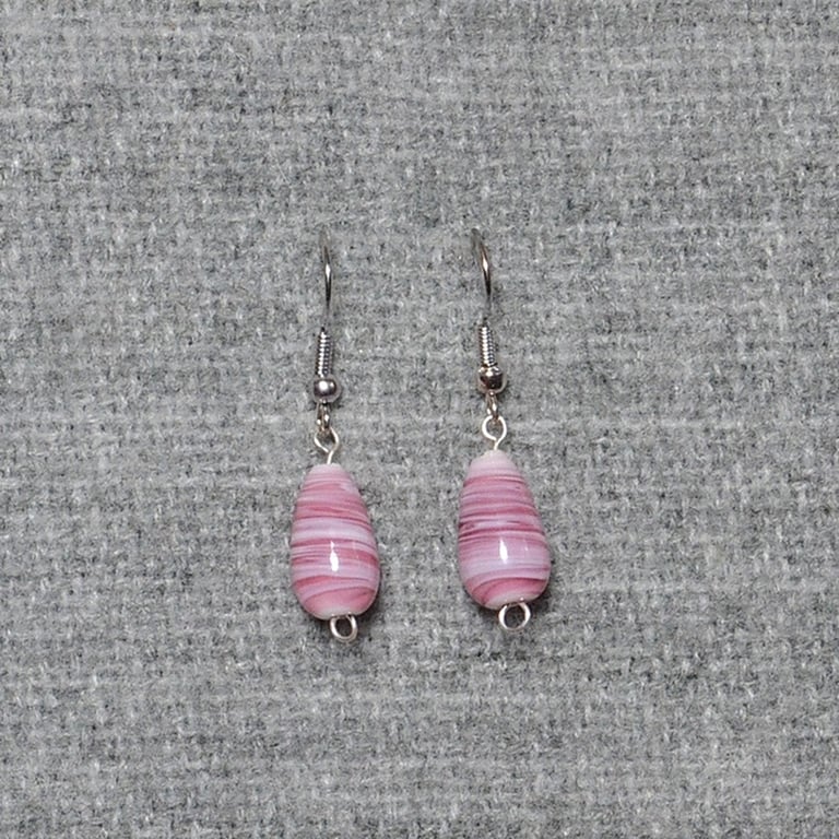 Pink and White Swirled Glass Drop Earrings