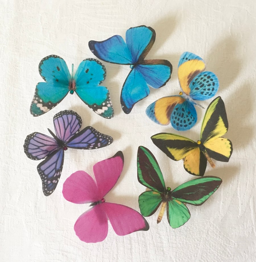 Silk Butterfly hair clips with Swarovski Crystal - Bright bold colours, set of 7