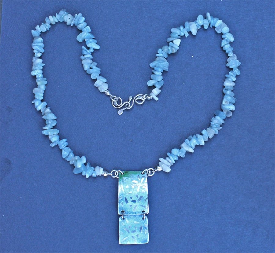 SALE 50% OFF -  Silver Necklace - Handmade Enamel Pendant -  Aquamarine Necklace