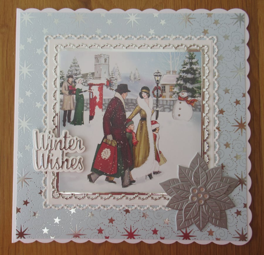 8x8 Luxury Art Deco Christmas Card - Family Christmas Shopping - Snow Scene