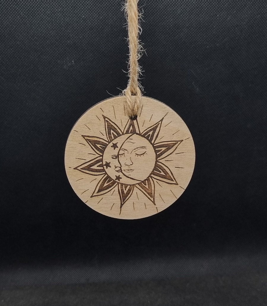 Folk Art Sun and the Moon Laser etched and cut wood magnet 