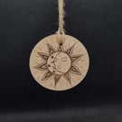 Folk Art Sun and the Moon Laser etched and cut wood magnet 