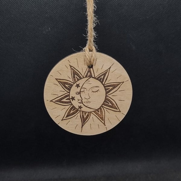 Folk Art Sun and the Moon Laser etched and cut wood magnet 
