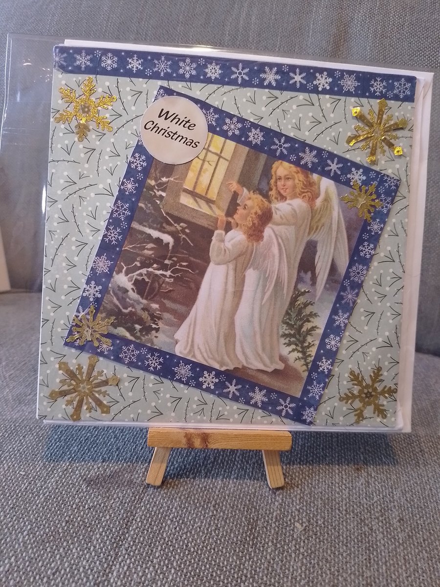 Two Angels Looking Through Church Window large handmade card