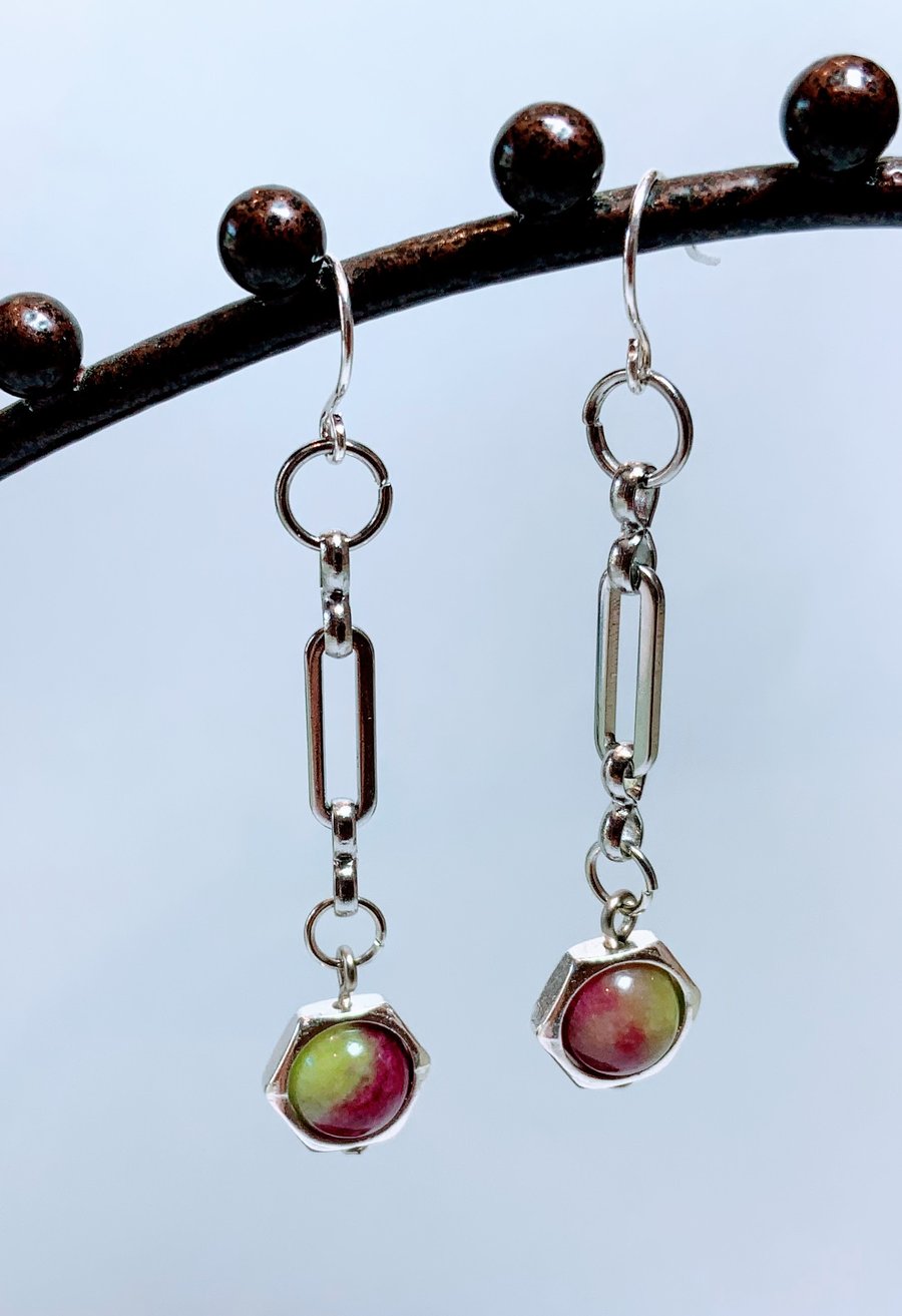 Silver Paperclip Chain Bead Earrings.