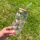 Heart & diomond glass tumbler with bamboo lid and straw