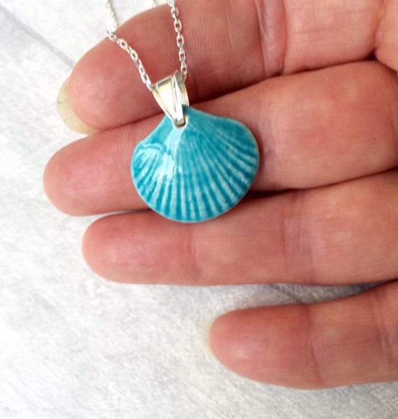 Ceramic shell pendant necklace - sterling silver