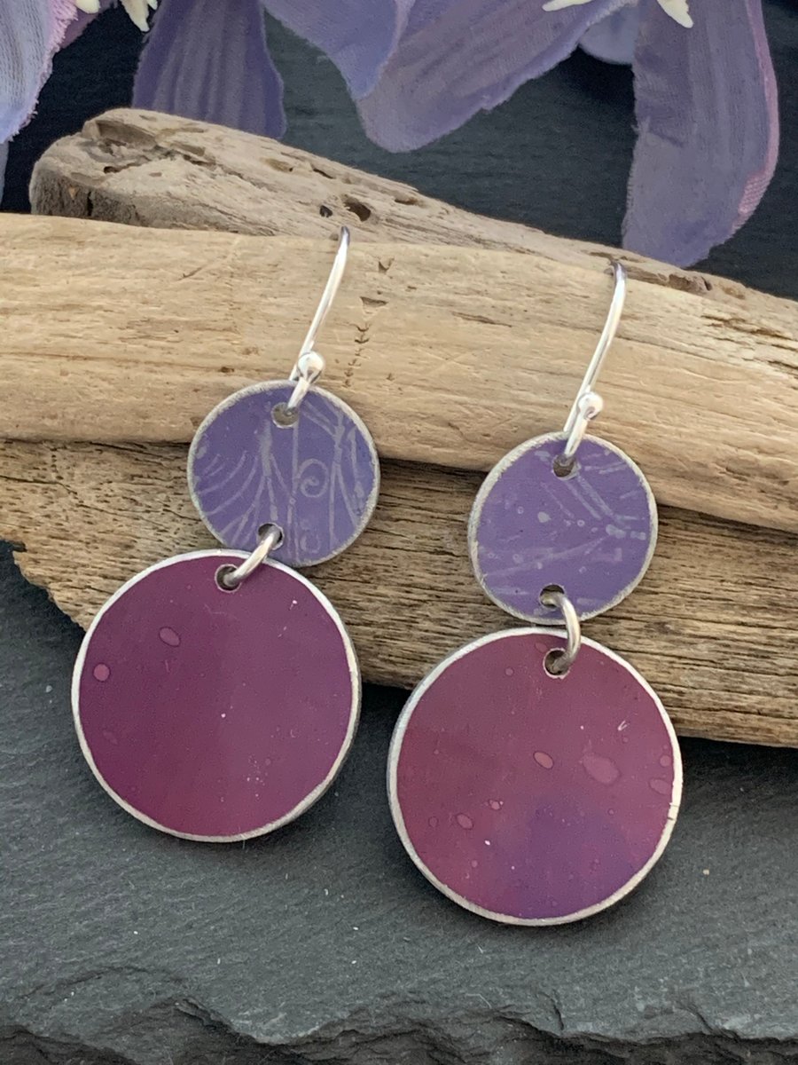 Water colour collection - hand painted aluminium earrings lilac and burgundy