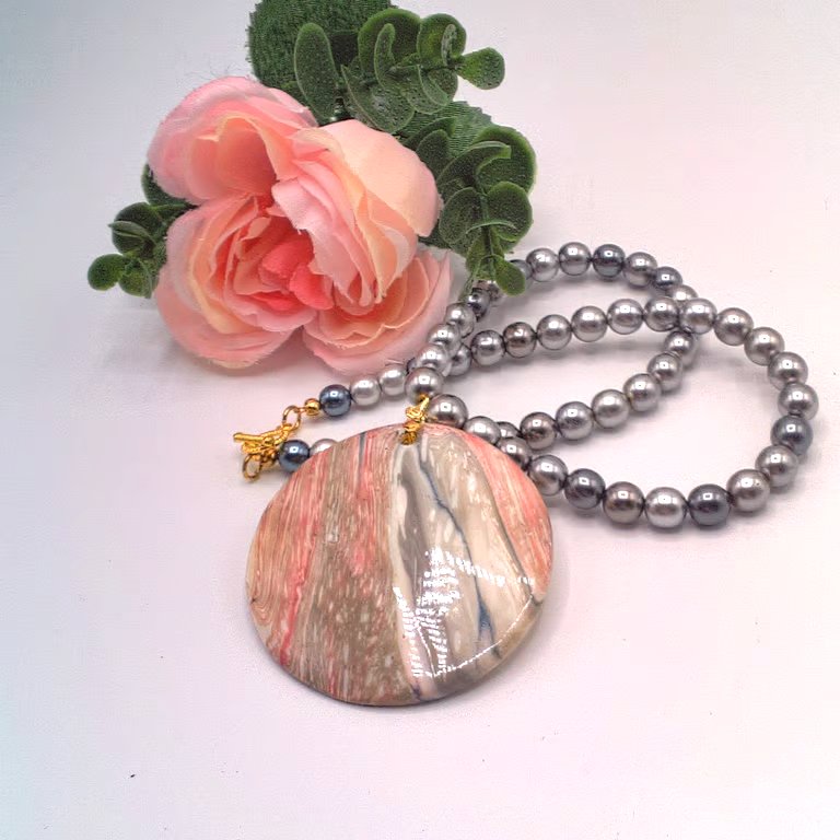 Perfectly Imperfect, Pink & Grey Shell Pendant on a Charcoal Grey Pearl Necklace