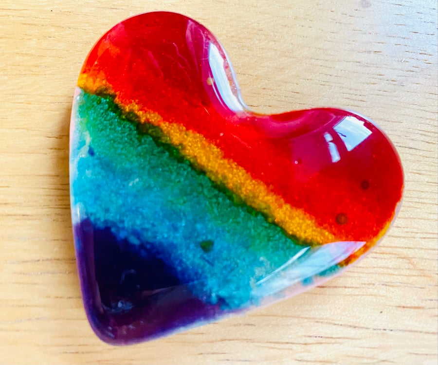 Rainbow fused glass cast heart pocket hug 