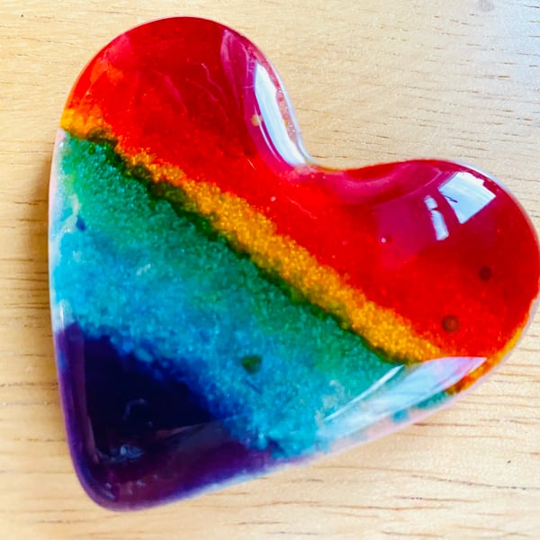 Rainbow fused glass cast heart pocket hug 