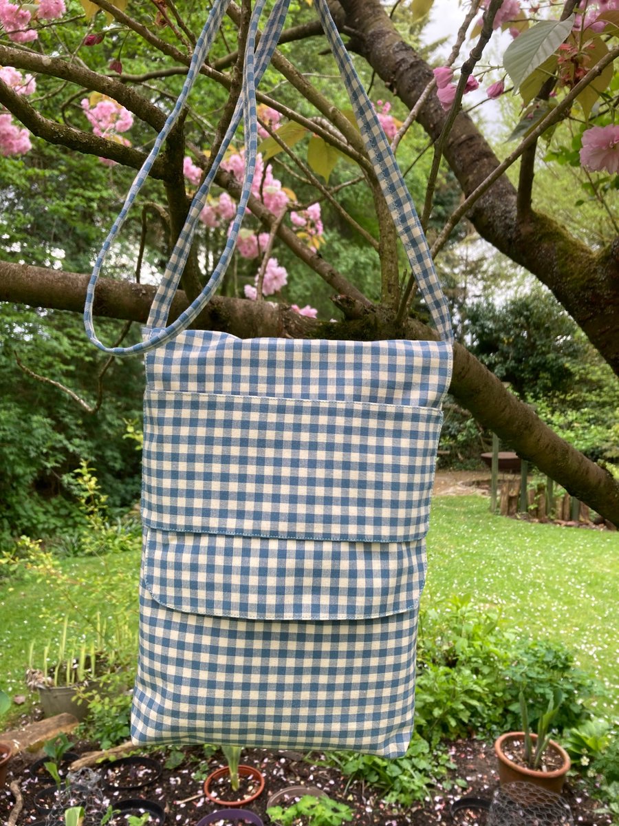 Stylish Blue check canvas crossbody bag.