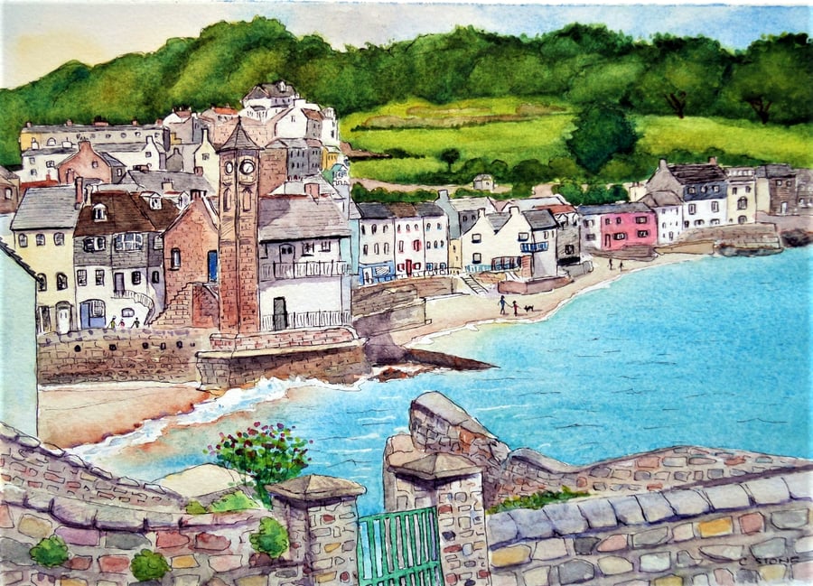 Original watercolour painting, Kingsand viewed from Cawsand, Cornwall. 