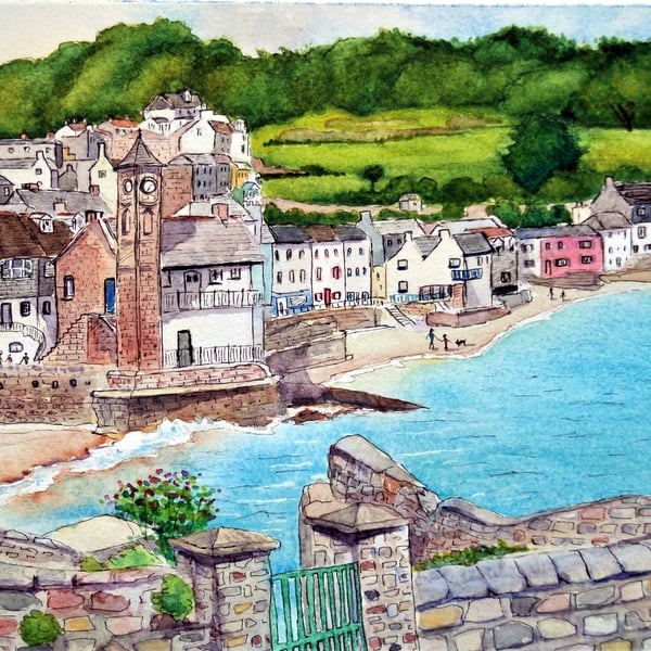 Original watercolour painting, Kingsand viewed from Cawsand, Cornwall. 