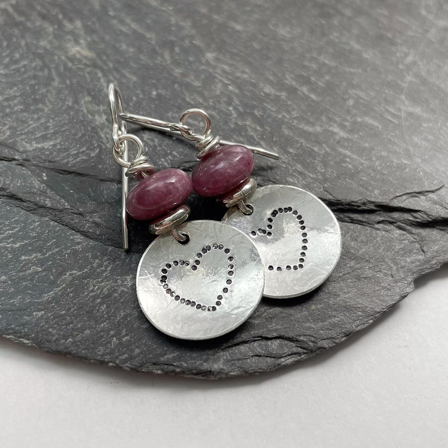Silver and dusky plum lepidolite heart earrings 